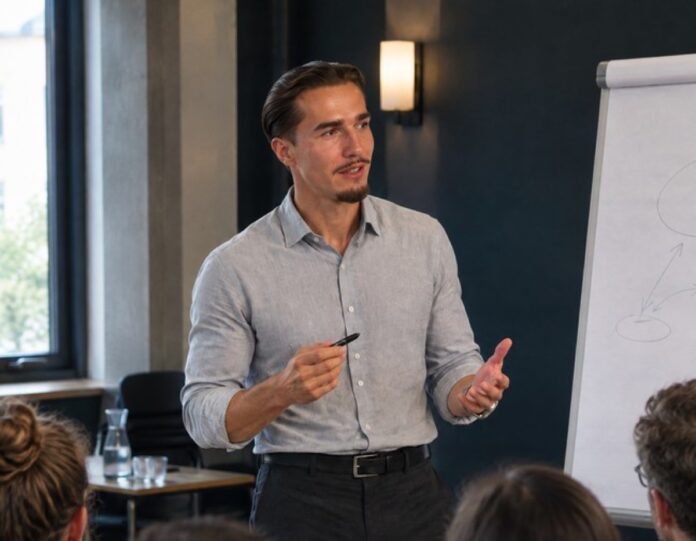 Daniel Gerlach von Zweitkarriere spricht in einem Workshop vor einem Flipchart zu den Teilnehmenden